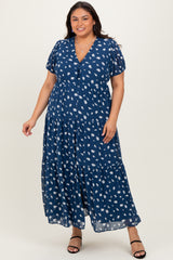 Navy Printed Button Down Tiered Maternity Plus Maxi Dress