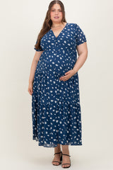 Navy Printed Button Down Tiered Maternity Plus Maxi Dress