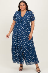 Navy Printed Button Down Tiered Plus Maxi Dress