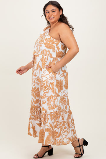 Camel Floral One Shoulder Plus Maxi Dress