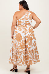 Camel Floral One Shoulder Plus Maxi Dress