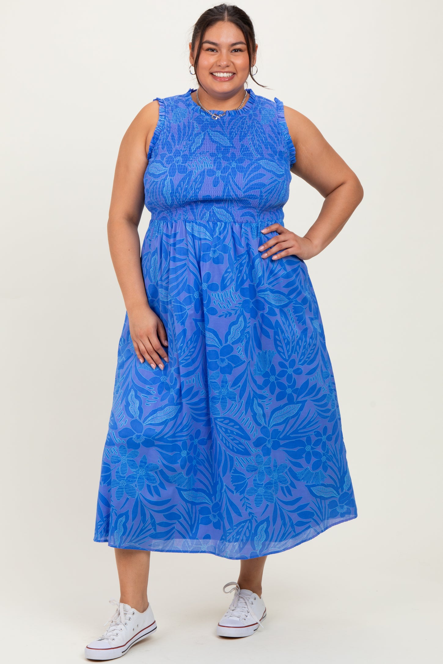 Royal Blue Floral Smocked Sleeveless Maternity Plus Midi Dress