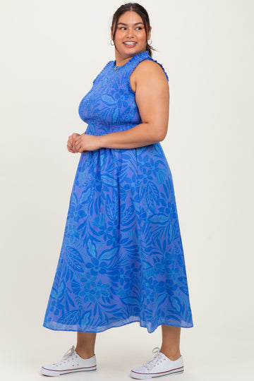 Royal Blue Floral Smocked Sleeveless Plus Midi Dress