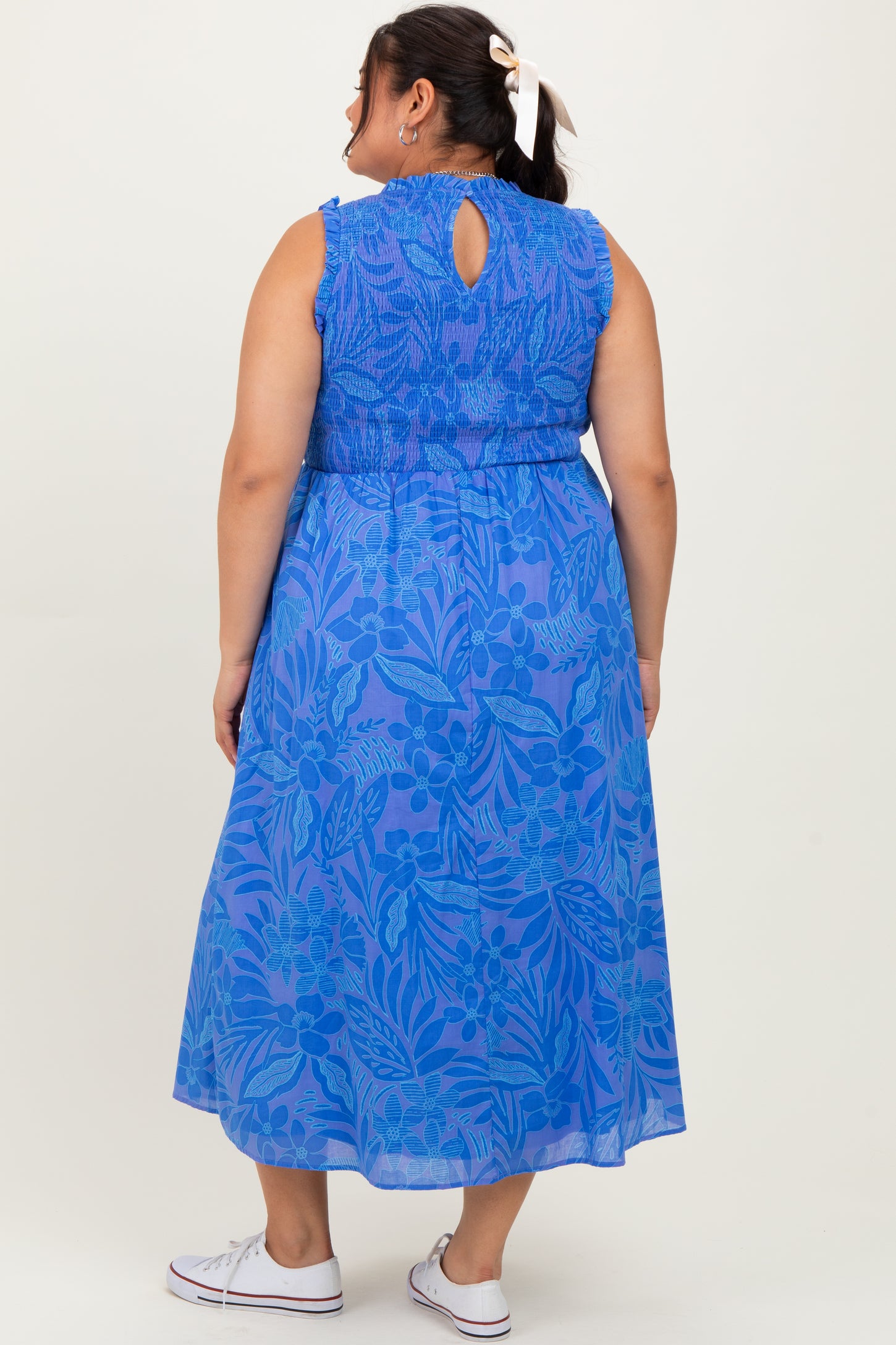 Royal Blue Floral Smocked Sleeveless Plus Midi Dress