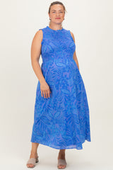 Royal Blue Floral Smocked Sleeveless Maternity Plus Midi Dress