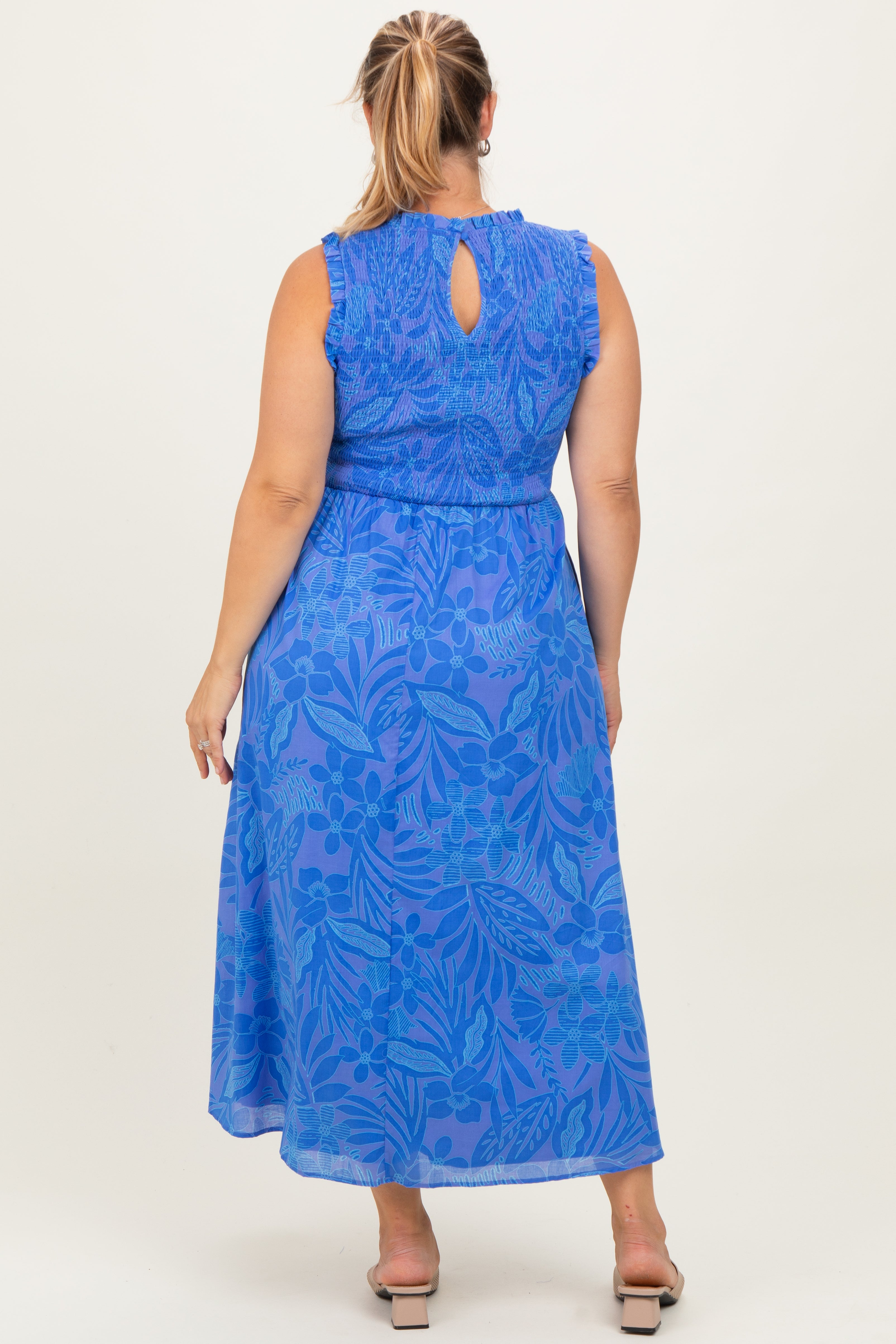 Royal Blue Floral Smocked Sleeveless Maternity Plus Midi Dress