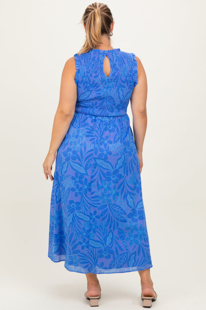 Royal Blue Floral Smocked Sleeveless Maternity Plus Midi Dress
