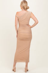 Beige Ruched Asymmetrical Off Shoulder Maxi Dress