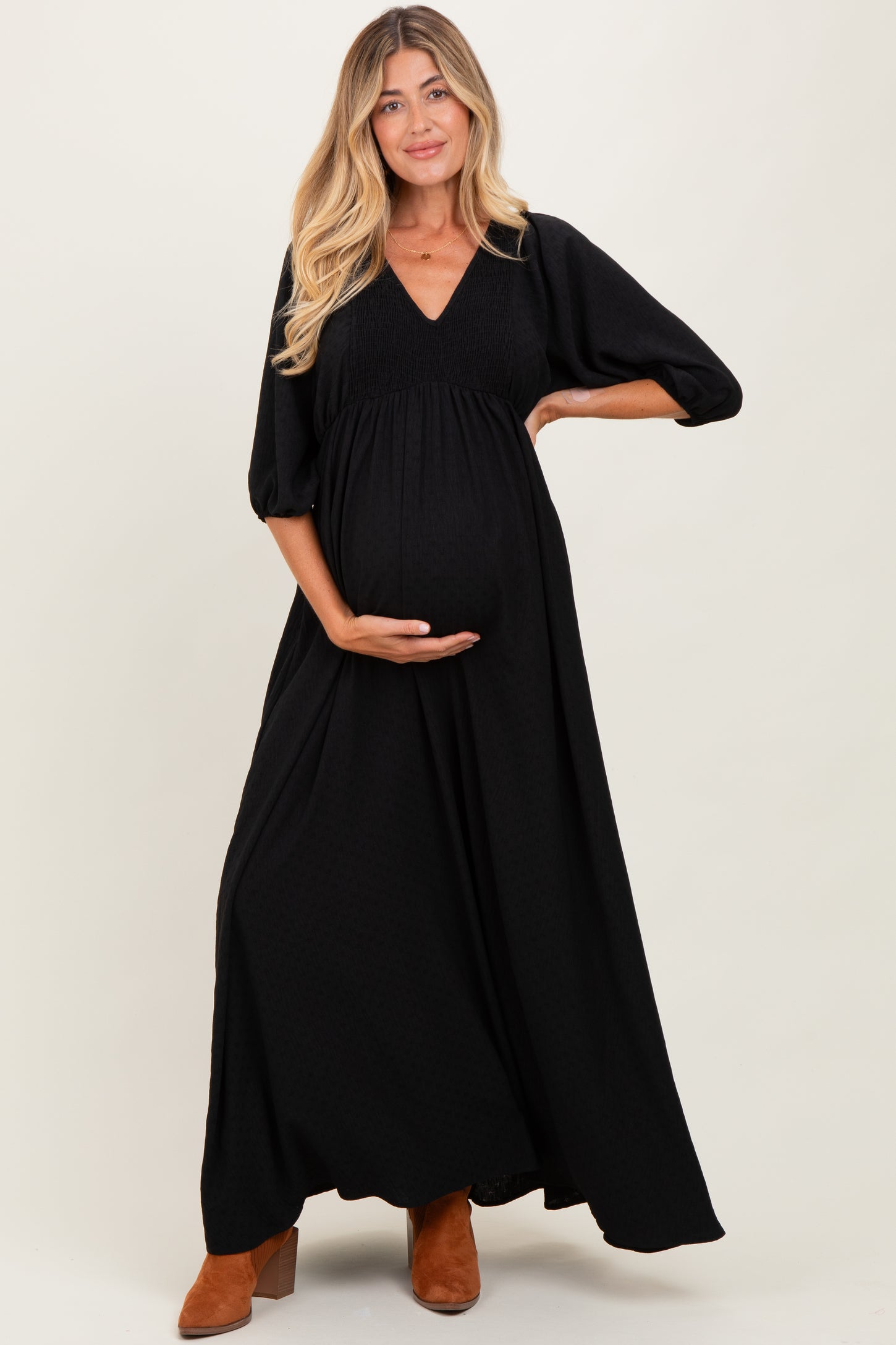 Black Solid 3/4 Sleeve Smocked Top V-Neck Maternity Maxi Dress