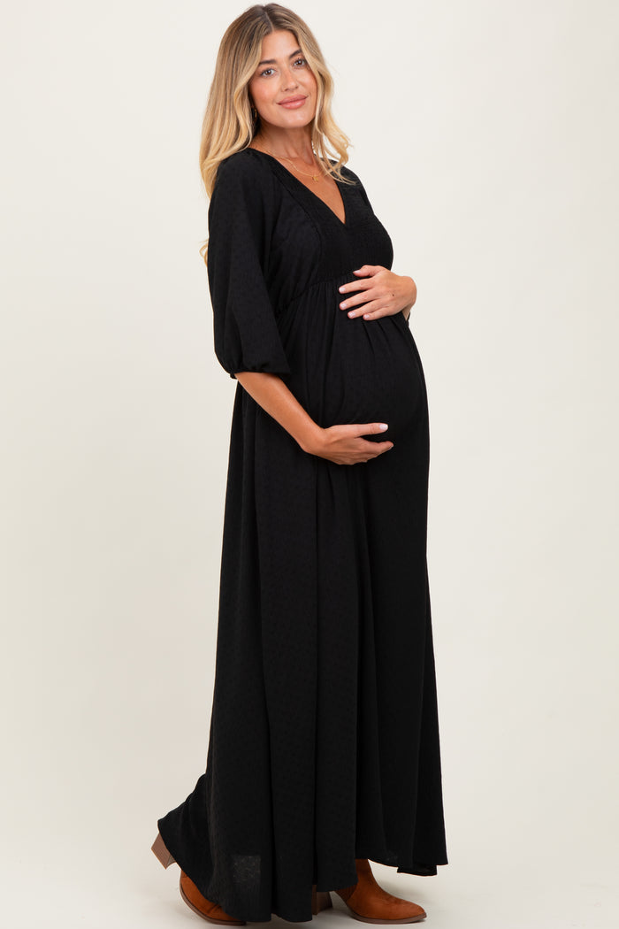 Black Solid 3/4 Sleeve Smocked Top V-Neck Maternity Maxi Dress