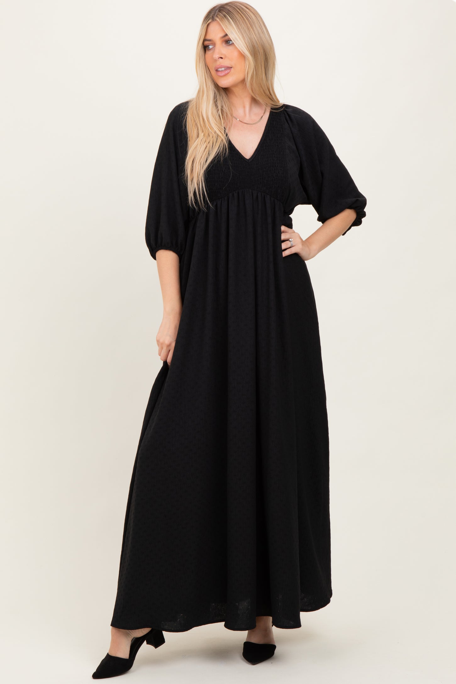 Black Solid 3/4 Sleeve Smocked Top V-Neck Maxi Dress
