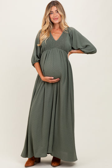 Olive Solid 3/4 Sleeve Smocked Top V-Neck Maternity Maxi Dress