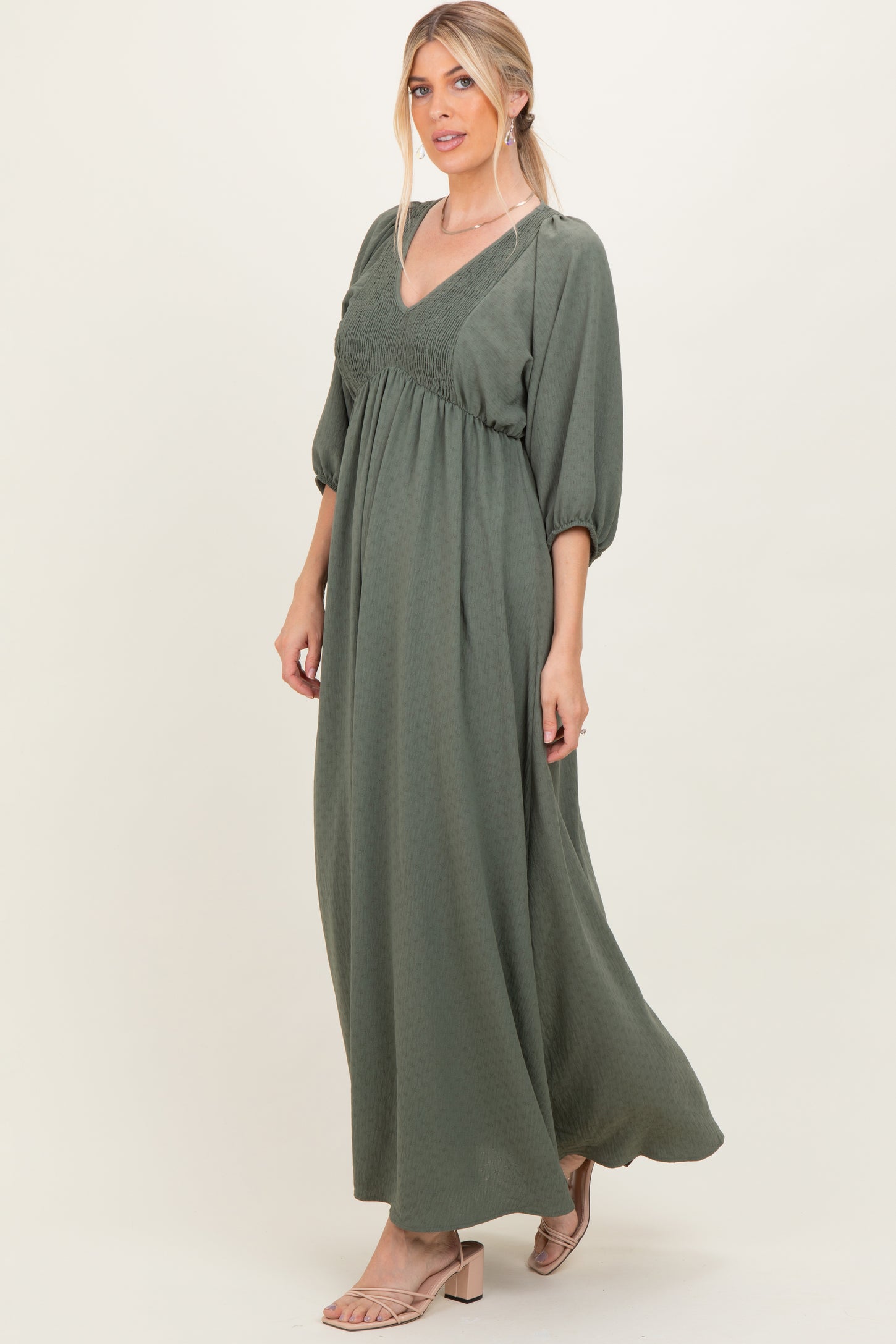 Olive Solid 3/4 Sleeve Smocked Top V-Neck Maxi Dress