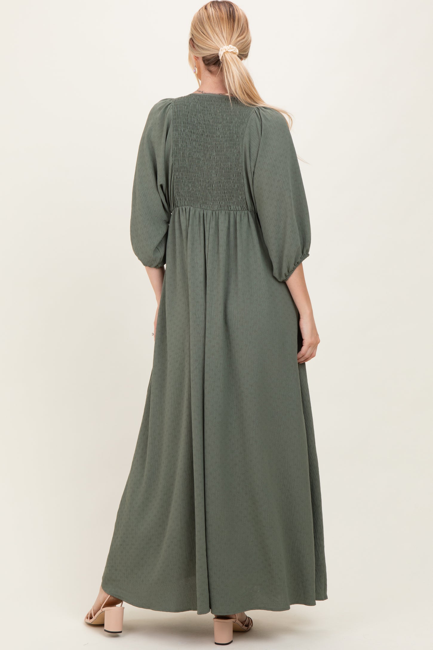 Olive Solid 3/4 Sleeve Smocked Top V-Neck Maxi Dress