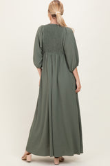 Olive Solid 3/4 Sleeve Smocked Top V-Neck Maxi Dress