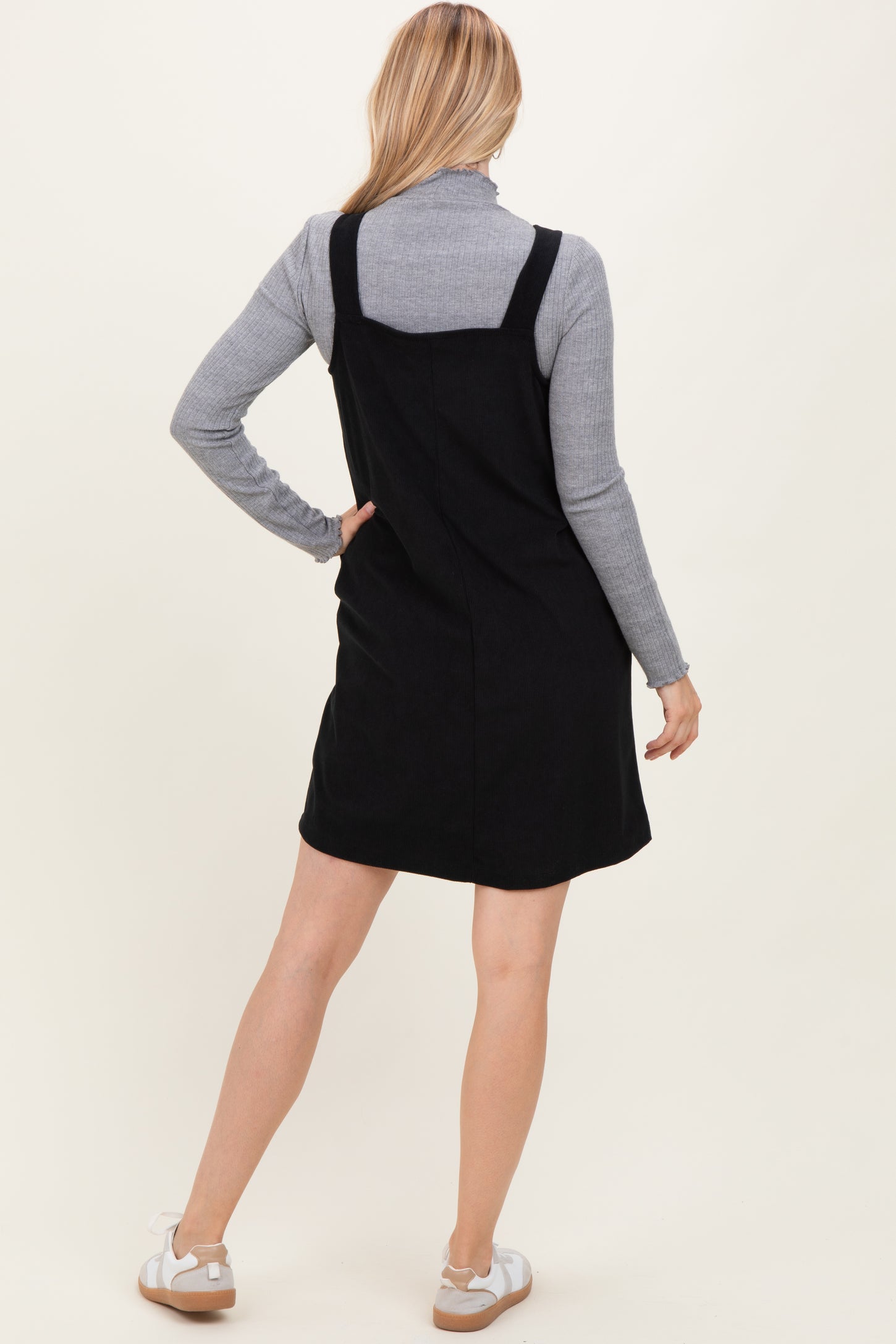 Black Solid Corduroy V-Neck A-Line Mini Dress – PinkBlush