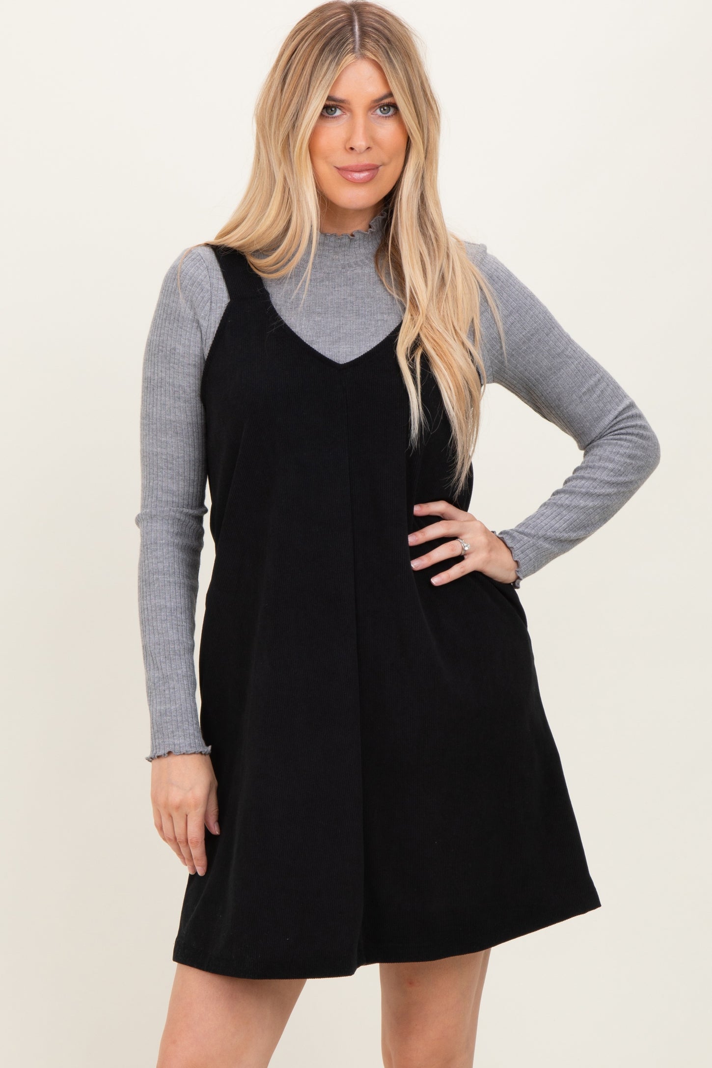 Black Solid Corduroy V-Neck A-Line Mini Dress – PinkBlush