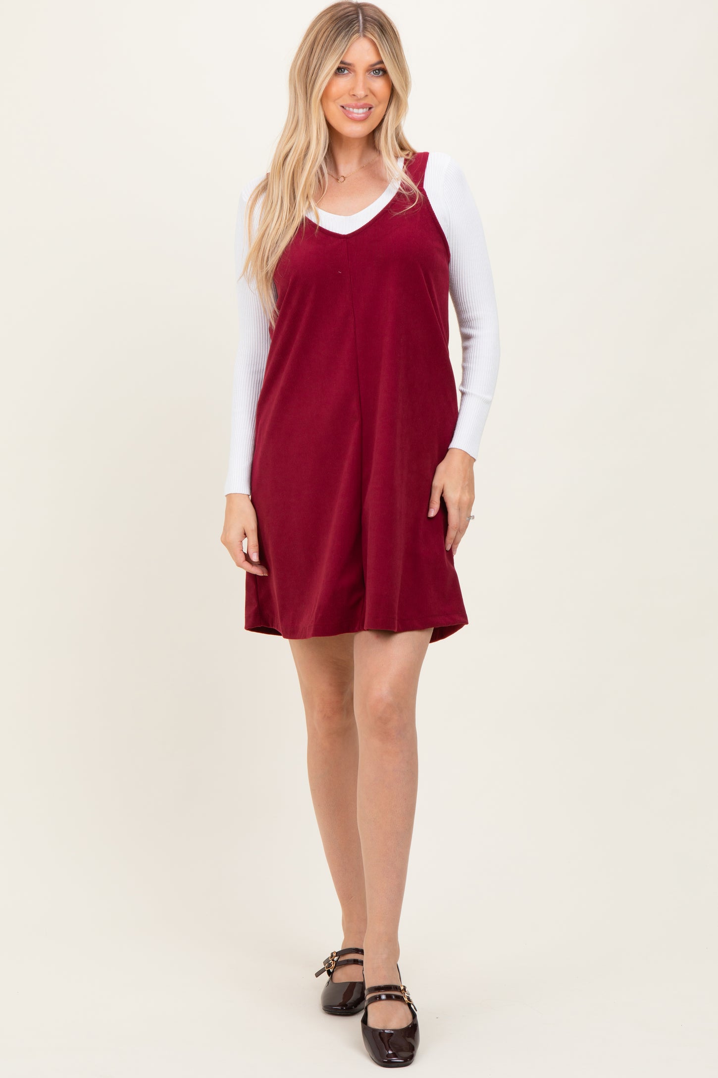 Burgundy Solid Corduroy V-Neck A-Line Mini Dress Burgundy Solid Corduroy V-Neck A-Line Mini Dress
