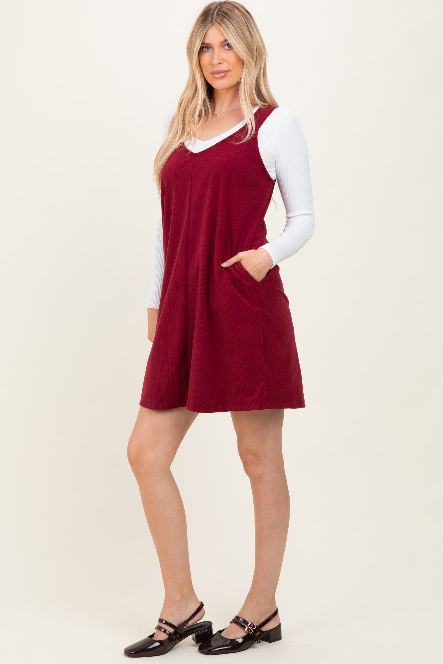 Burgundy Solid Corduroy V-Neck A-Line Mini Dress PinkBlush Burgundy Solid Corduroy V-Neck A-Line Mini Dress PinkBlush