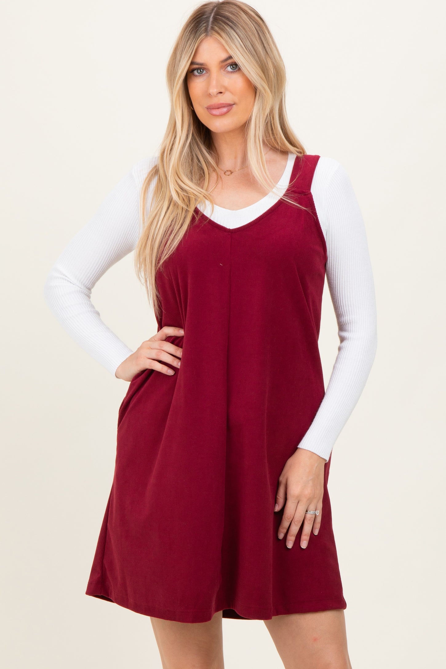 Burgundy Solid Corduroy V-Neck A-Line Mini Dress Burgundy Solid Corduroy V-Neck A-Line Mini Dress