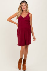 Burgundy Solid Corduroy V-Neck A-Line Maternity Mini Dress
