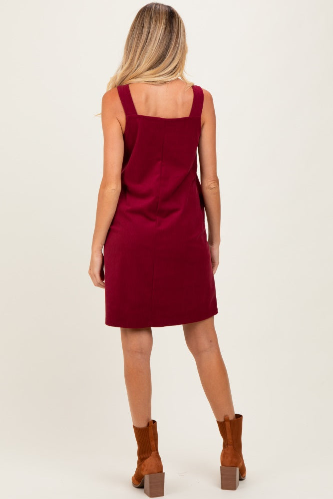 Burgundy Solid Corduroy V-Neck A-Line Maternity Mini Dress