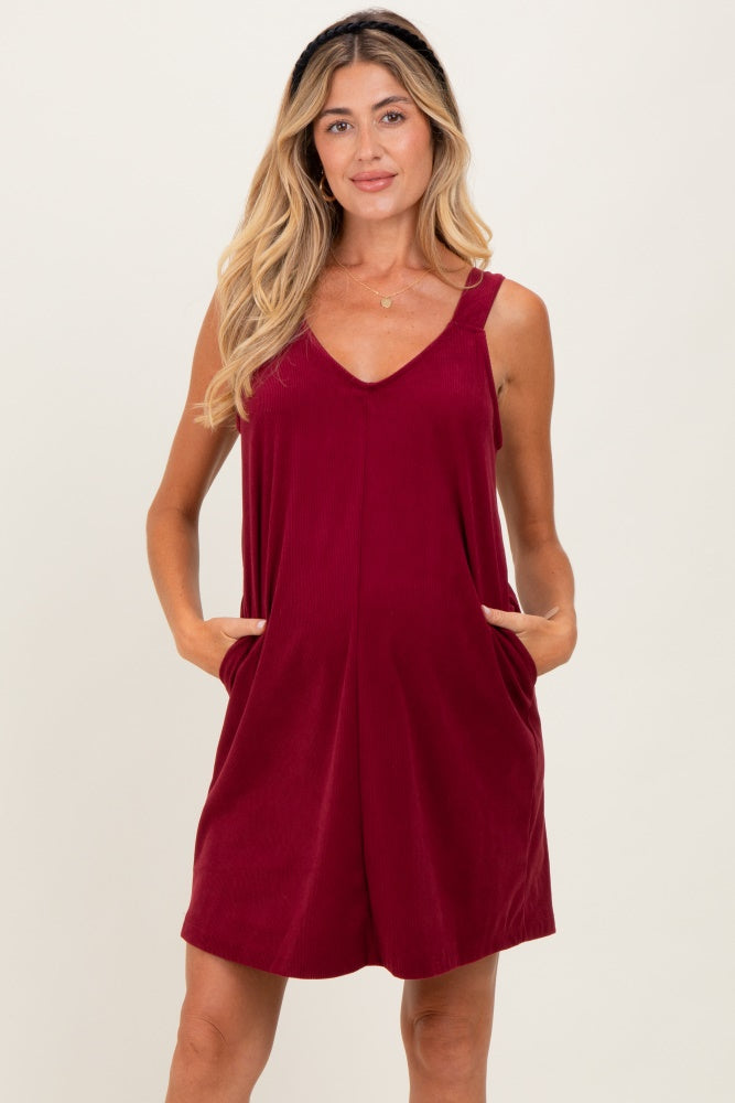 Burgundy Solid Corduroy V-Neck A-Line Maternity Mini Dress