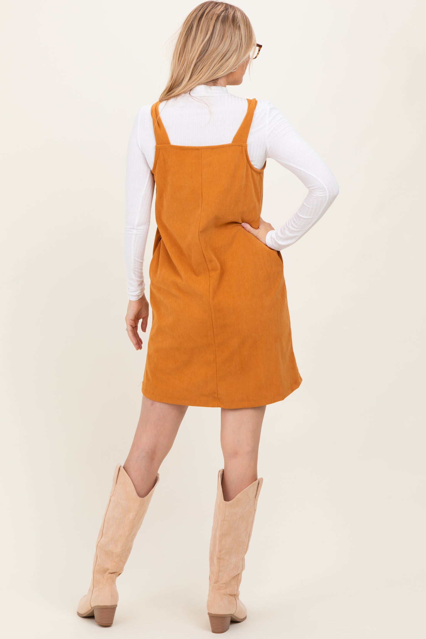 Mustard Solid Corduroy V-Neck A-Line Mini Dress Mustard Solid Corduroy V-Neck A-Line Mini Dress