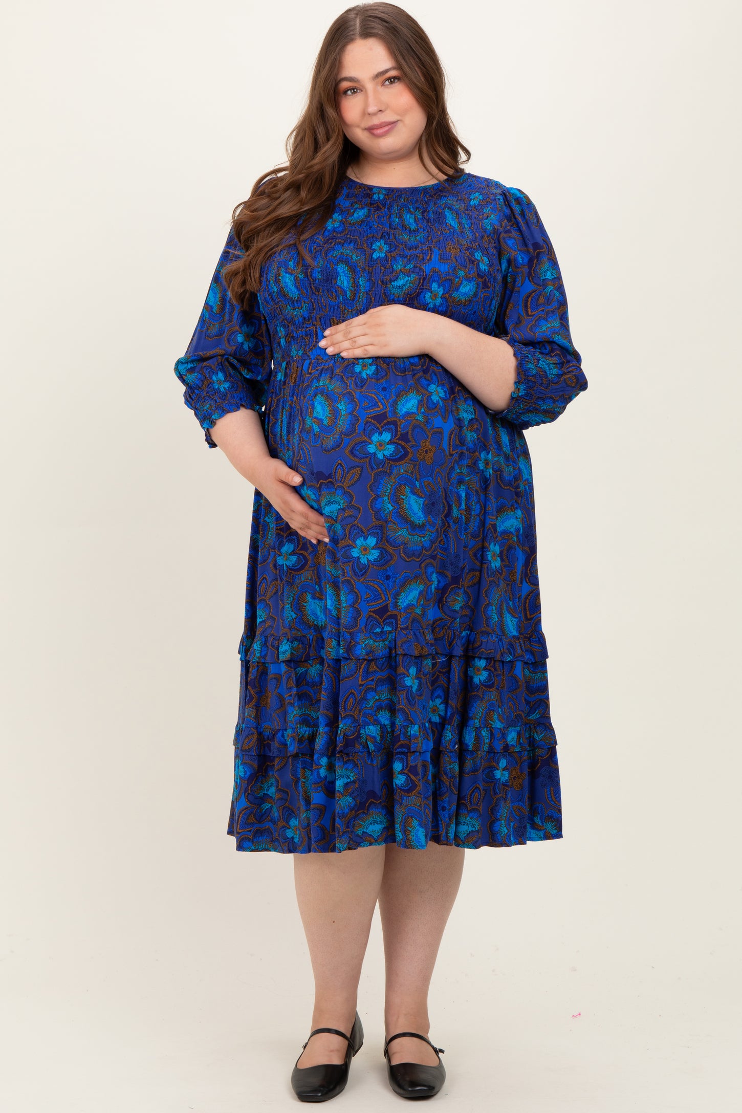 Navy Blue Floral Tiered Plus Maternity Midi Dress
