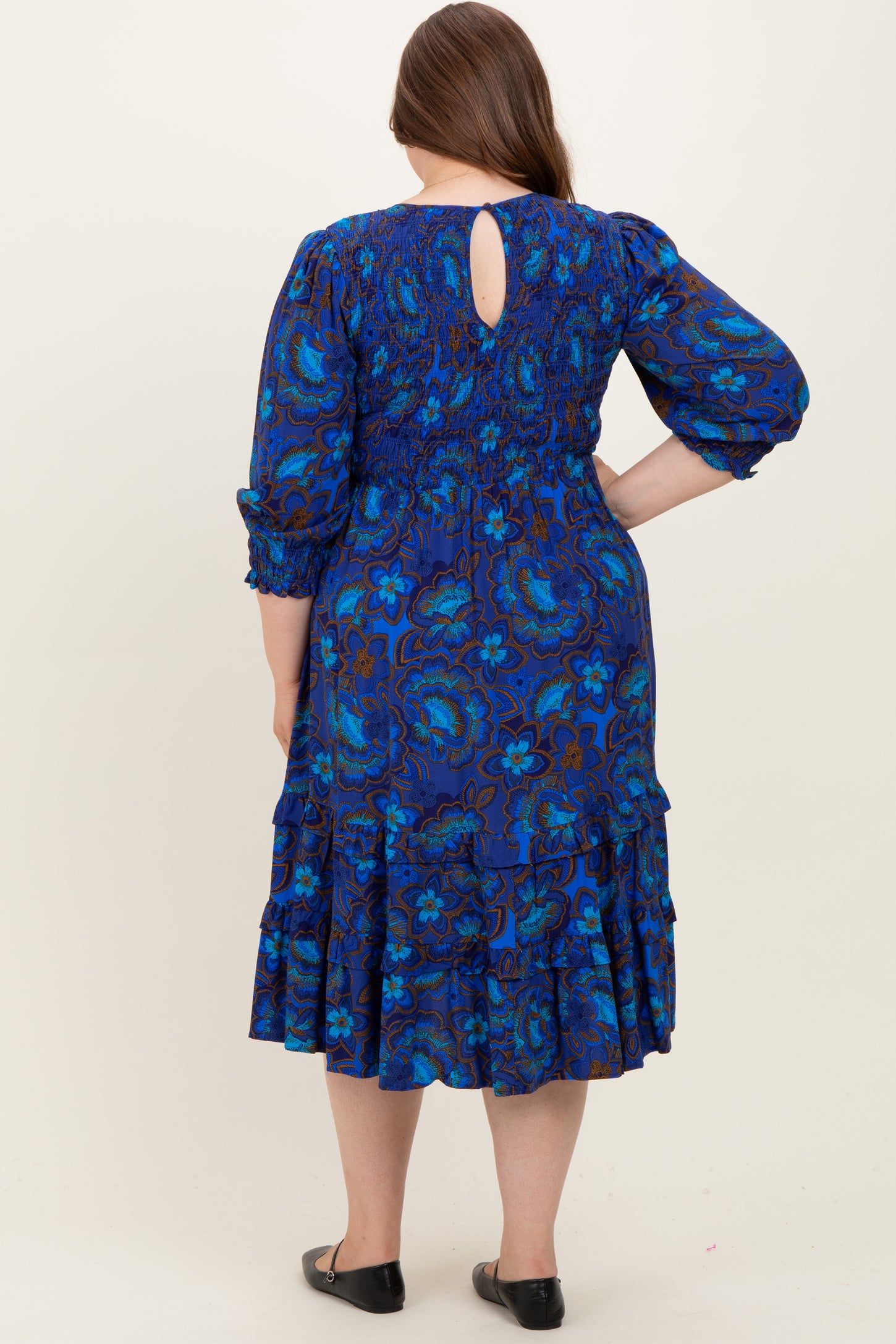 Navy Blue Floral Tiered Plus Maternity Midi Dress