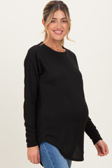 Black Solid Ribbed Long Sleeve Maternity Tunic Top