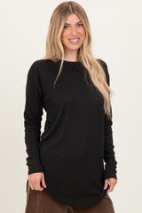 Black Solid Ribbed Long Sleeve Tunic Top
