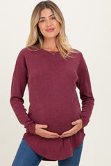 Burgundy Solid Ribbed Long Sleeve Maternity Tunic Top