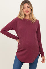 Burgundy Solid Ribbed Long Sleeve Maternity Tunic Top