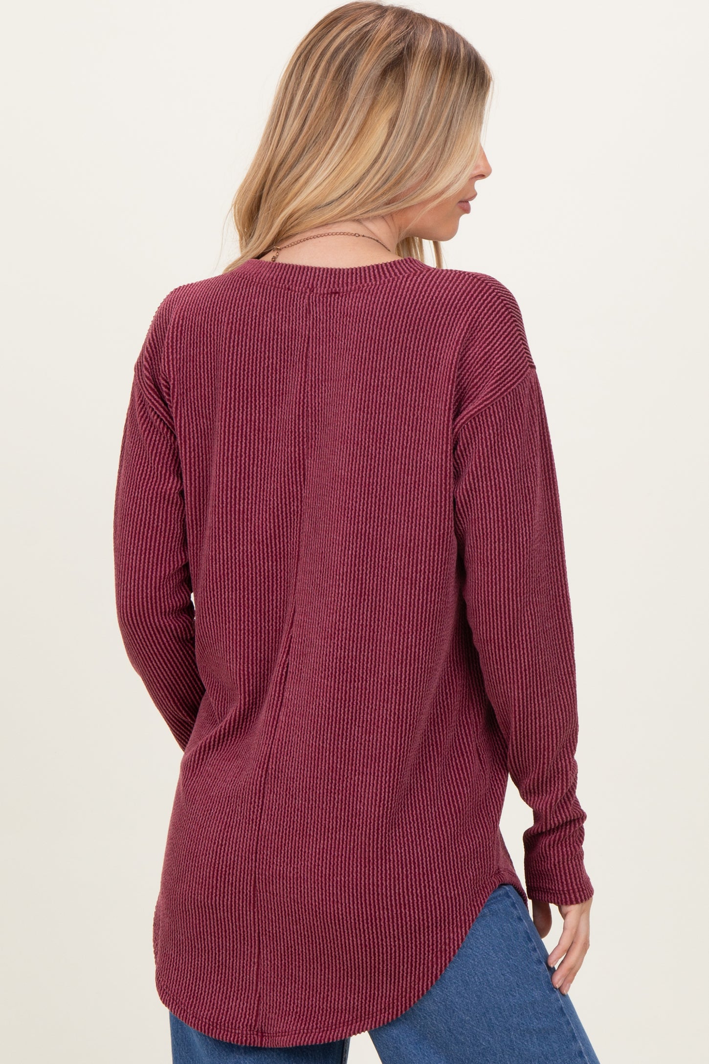 Burgundy Solid Ribbed Long Sleeve Tunic Top