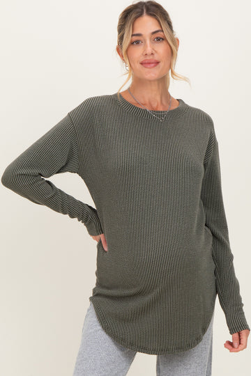 Olive Solid Ribbed Long Sleeve Maternity Tunic Top