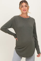 Olive Solid Ribbed Long Sleeve Maternity Tunic Top