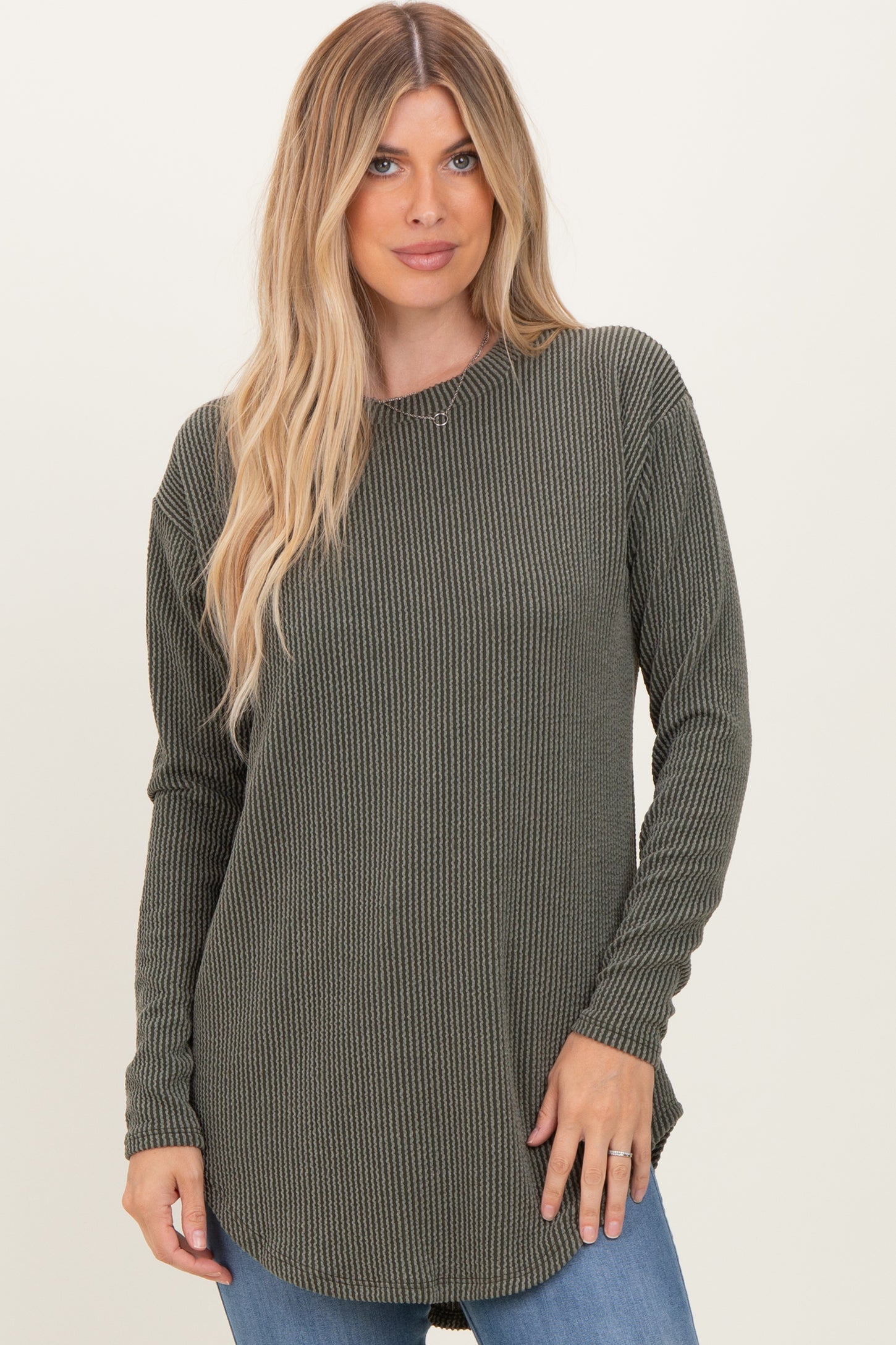 Olive Solid Ribbed Long Sleeve Maternity Tunic Top