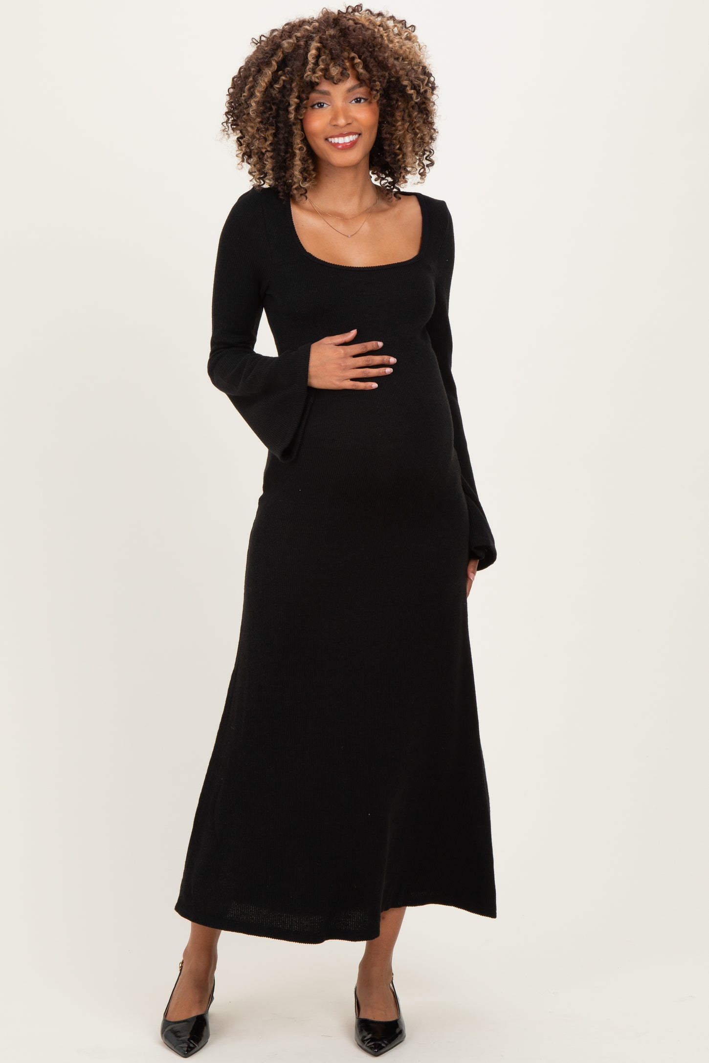 Black Solid Ribbed Long Sleeve Square Neck Maternity Maxi Dress PinkBlush Black Solid Ribbed Long Sleeve Square Neck Maternity Maxi Dress PinkBlush