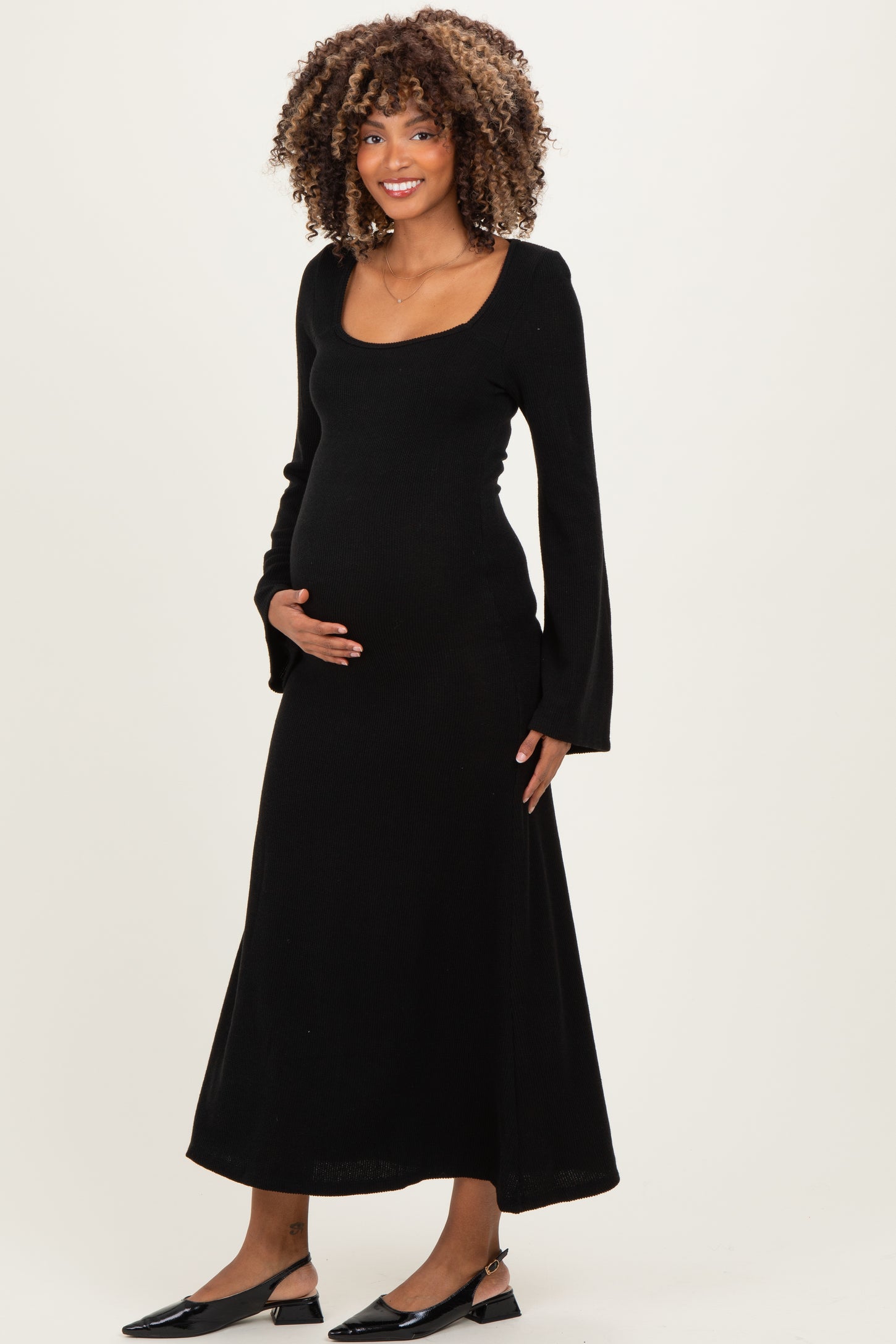 black ribbed maxi dress long sleeve Black Solid Ribbed Long Sleeve Square Neck Maternity Maxi Dress – PinkBlush