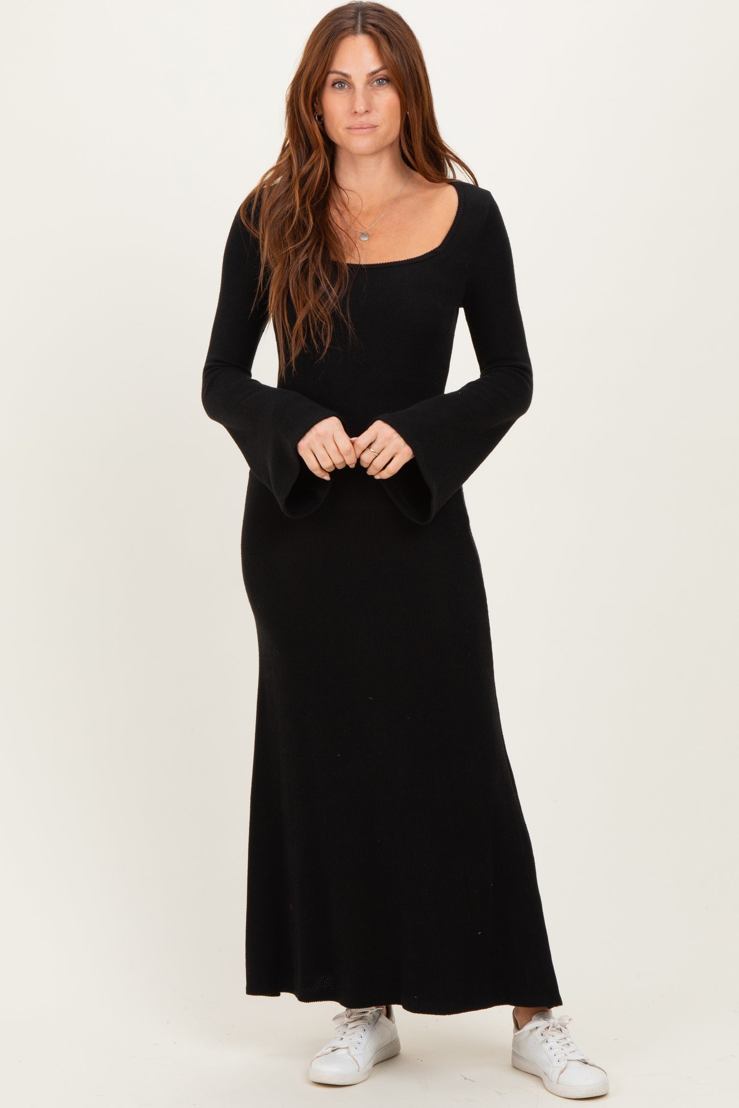Black Solid Ribbed Long Sleeve Square Neck Maternity Maxi Dress PinkBlush Black Solid Ribbed Long Sleeve Square Neck Maternity Maxi Dress PinkBlush