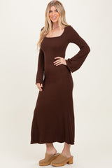Brown Solid Ribbed Long Sleeve Square Neck Maxi Dress