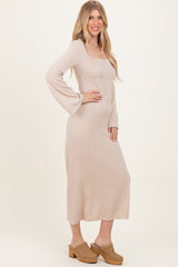 Cream Solid Ribbed Long Sleeve Square Neck Maxi Dress