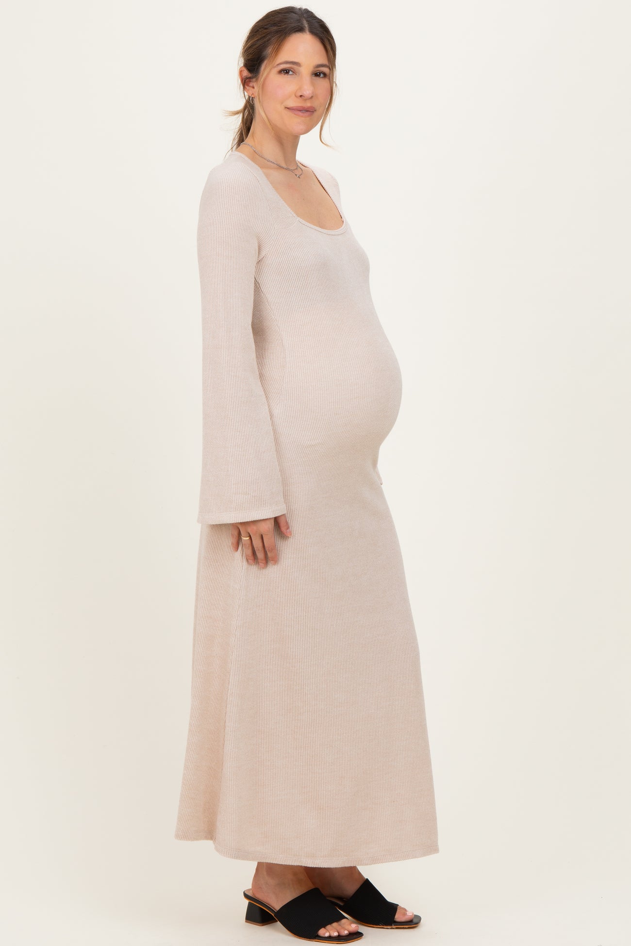Cream Solid Ribbed Long Sleeve Square Neck Maternity Maxi Dress