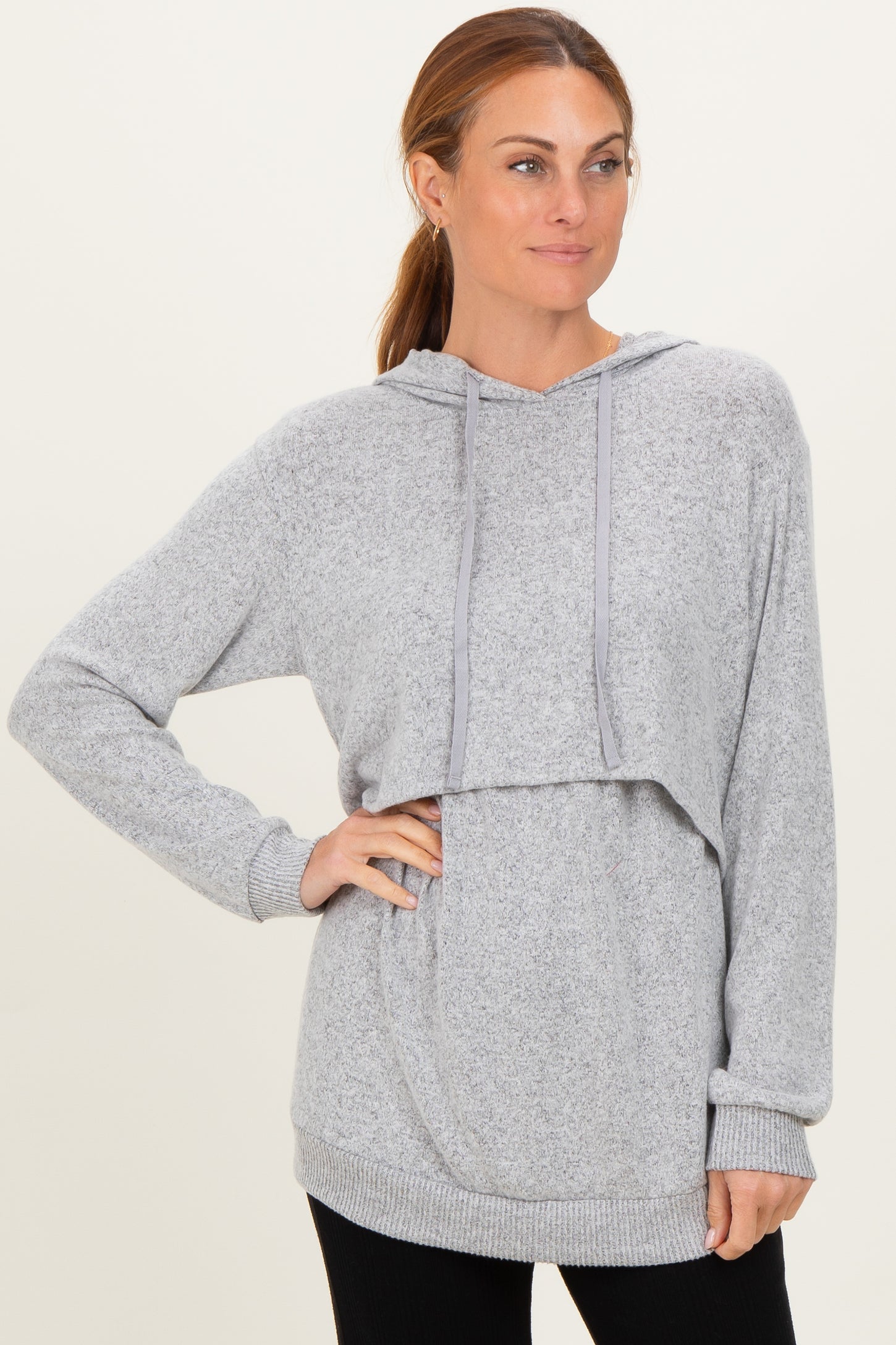 Heather Grey Double Layer Long Sleeve Maternity Nursing Hoodie