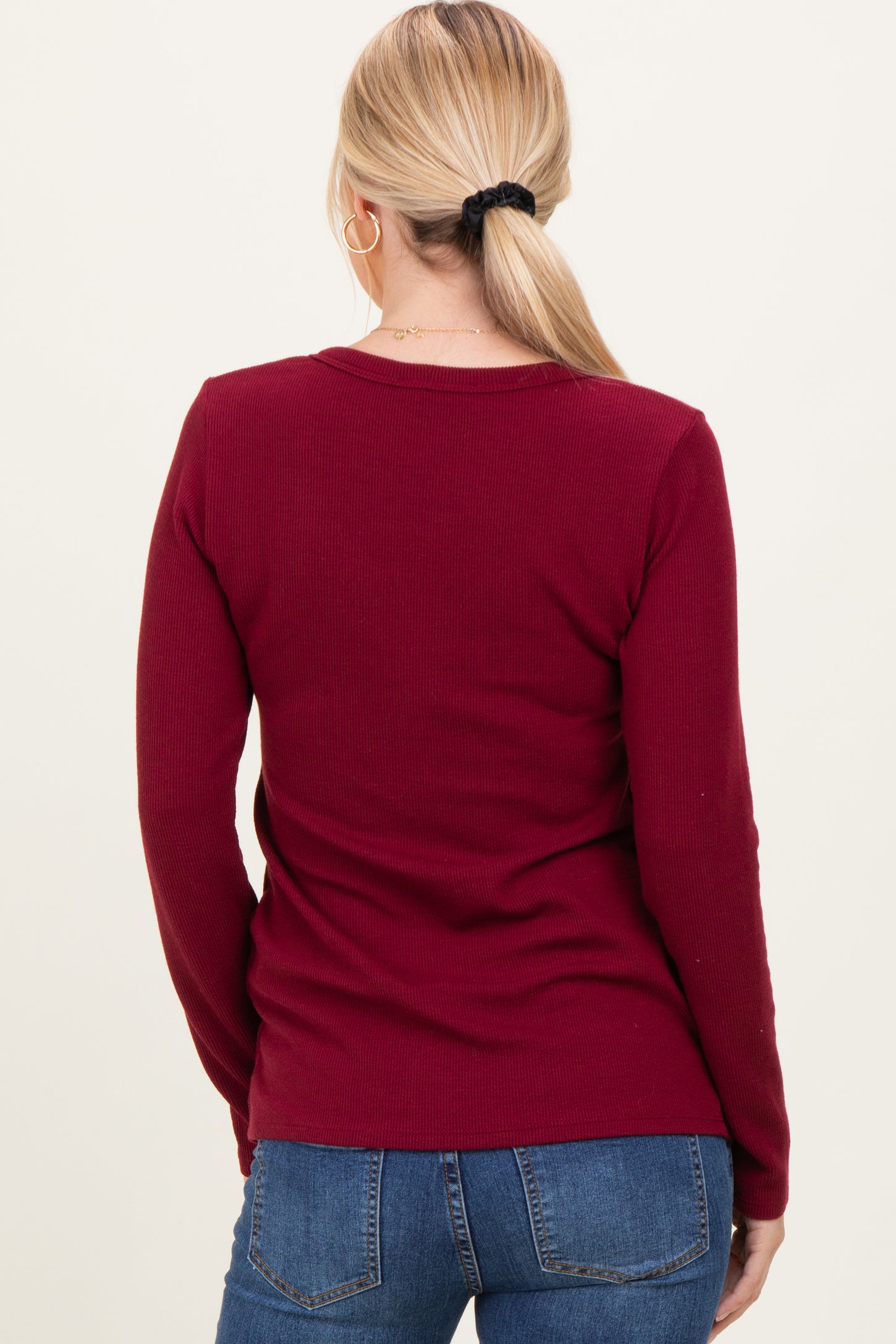 Burgundy Ribbed Long Sleeve Henley Top