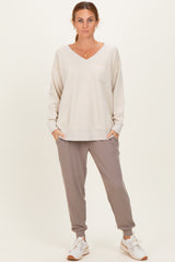 Beige V-Neck Long Sleeve Pullover Top