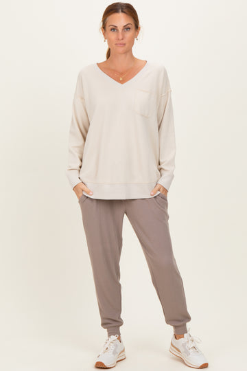 Beige V-Neck Long Sleeve Pullover Top