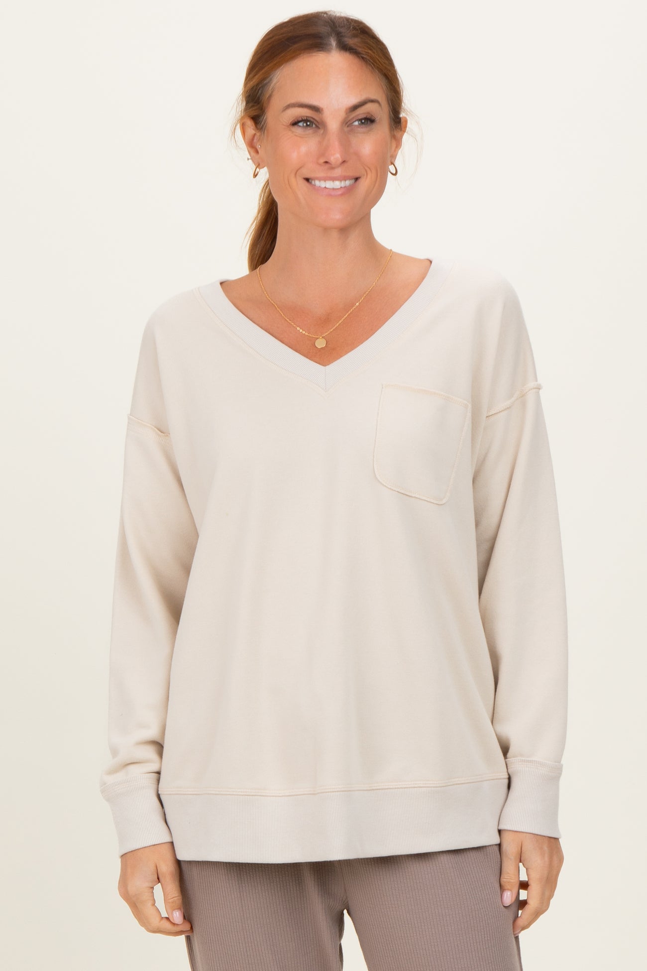 Beige V-Neck Long Sleeve Maternity Pullover Top