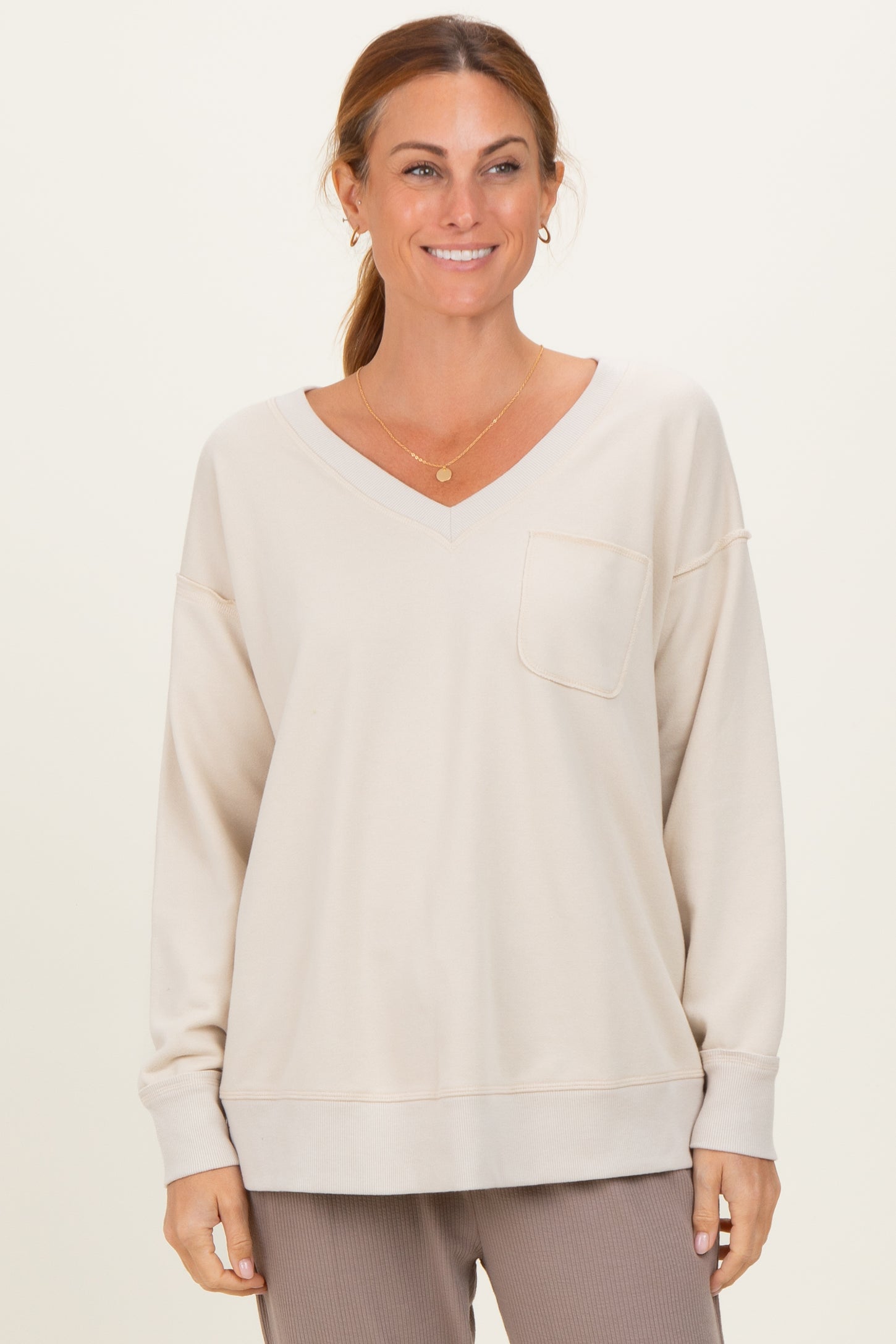 Beige V-Neck Long Sleeve Pullover Top